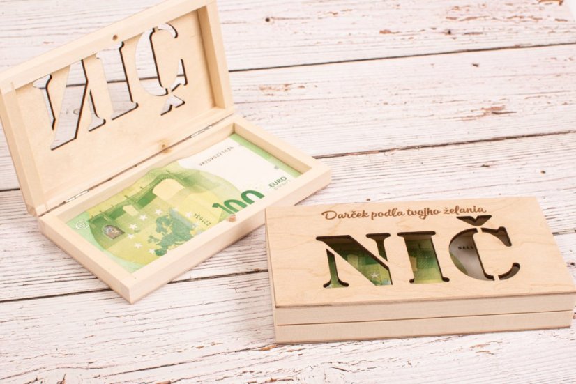 Drevená krabička na peniaze "NIČ"